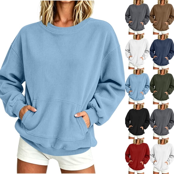 Jsaierl Women's Corduroy Sweatshirts Casual Solid Color Crewneck Sweatshirt Fall Sweater Work Long Sleeve Shirts Winter Fashion S-2XL