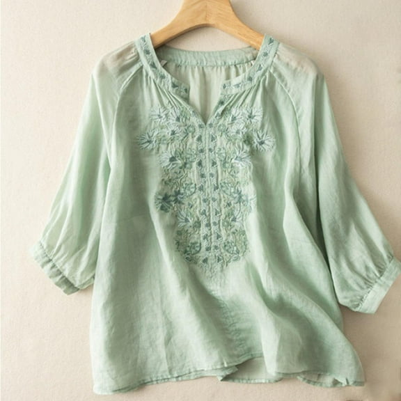 Jsaierl Women's Cotton Linen Button Short Sleeve Shirts Summer Loose Crew Neck Casual Boho Top Vintage Embroidered Blouse Tops