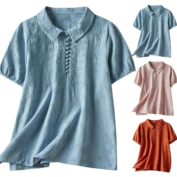 Jsaierl Women's Cotton Linen Button Short Sleeve Shirts Summer Loose Crew Neck Casual Boho Top Vintage Embroidered Blouse Tops