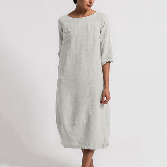 Jsaierl Women's Cotton Linen Dresses Short Sleeve Casual Plus Size Maxi Dress Tunic Solid Color Crewneck Dress Vacation Breezy Dresses 2024