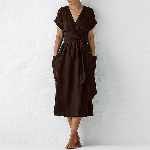 Jsaierl Women's Cotton Linen Dresses Summer Casual Short Sleeve Midi Dress Cute Solid Color V Neck Dress Bohemian Soft Dresses 2024
