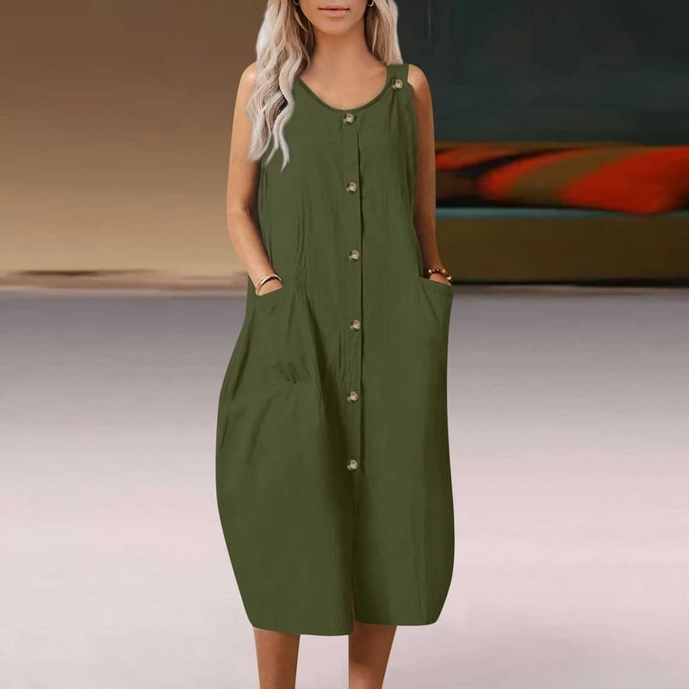 Casual Solid Buttons O Neck Sleeveless Dresses Casual Solid Buttons O Neck Sleeveless Dresses