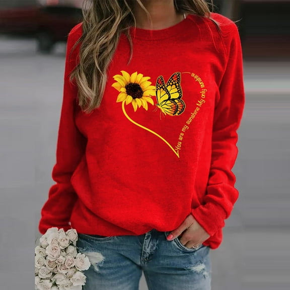 Jsaierl Women's Crewneck Sweatshirts Plus Size Trendy Sunflower Print Sweatshirt Top Long Sleeve Workout Fall Pullover Sweatshirts