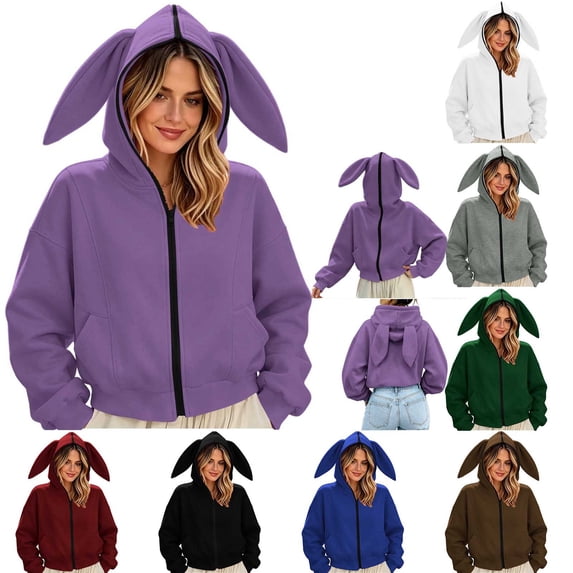 Jsaierl Women's Cute Bunny Ears Hoodies Full Zip Solid Color Hooded Sweatshirt Lightweight Soft Long Sleeve Jackets Fall Clothes S-2XL