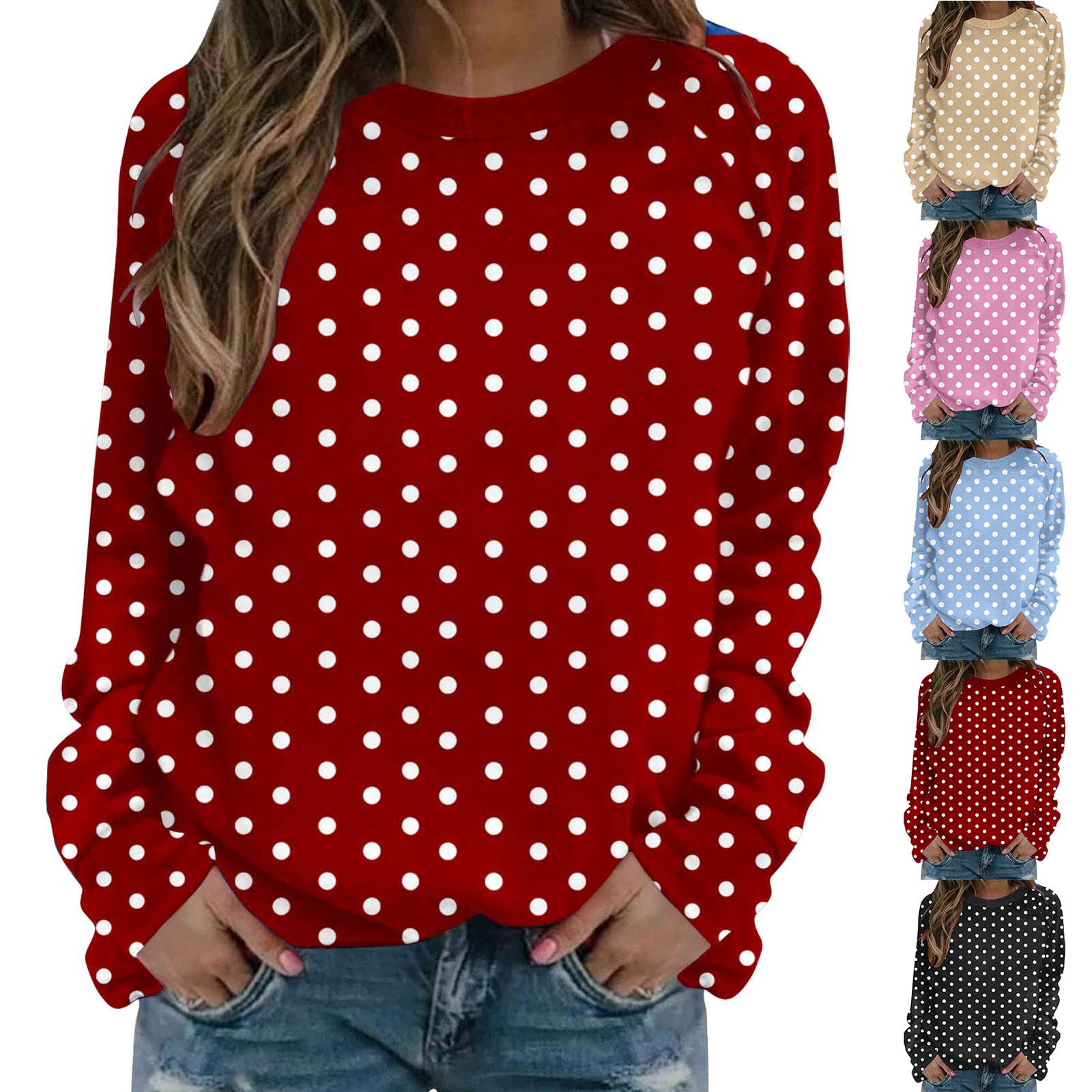Jsaierl Women's Cute Polka Dot Crewneck Pullover Sweatshirts Long Sleeve Comfortable Fashion Casual Tops S-2XL