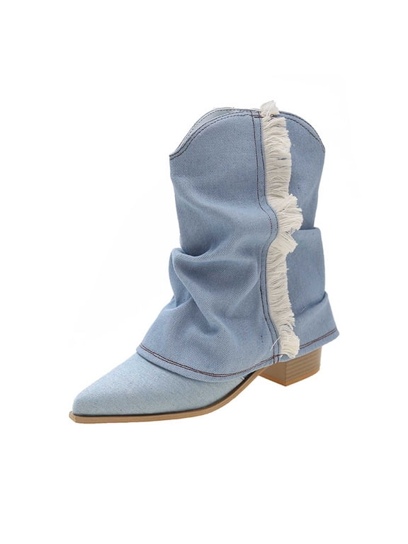 Women's Denim Boots Cowboy Western Fold Over Cowgirl Boots Chunky Stacked Heel Pointed Toe Pull On Wide-Calf Boots