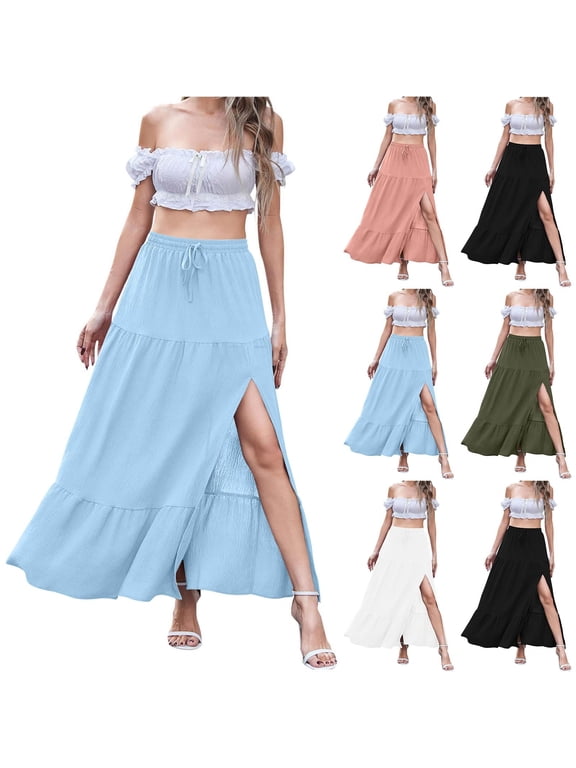 Women's Drawstring Waist Tiered Maxi Skirt with Slit, Flowy Casual Skirt, Bohemian Split Hem Skirt for Vacation