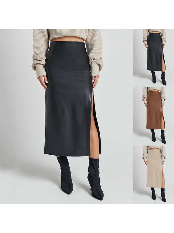 Women’s Faux Leather Midi Skirt High Waist Straight Leg Skirt with Side Slit for Fall Winter and Streetwear