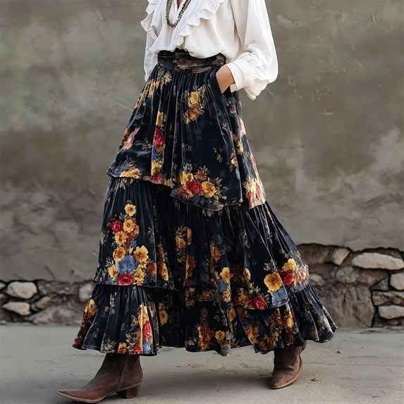Jsaierl Women's Floral Print Velvet Tiered Maxi Skirt, Elastic Waist A-Line Skirt with Pockets for Fall Winter