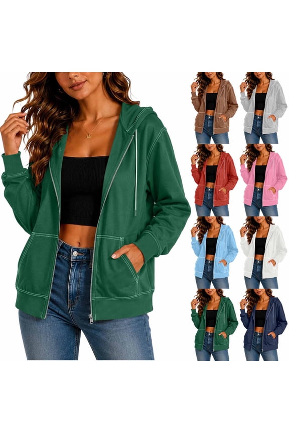 Women's Full Zip Hooded Athletic Jacket Contrast Stitching Sweatshirt with Pockets Relaxed Fit Gym Workout Outerwear