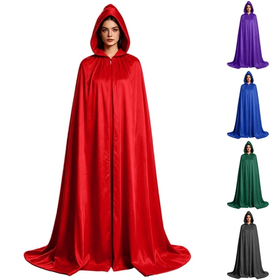 Jsaierl Women's Full Zip Long Hooded Cape Cloak Satin Fabric Fairytale Princess Halloween Cosplay Costume Outwear
