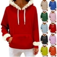 thumbnail image 1 of Jsaierl Women's Fuzzy Trim Hoodies Drawstring Sweatshirts with Kangaroo Pocket Cozy Winter Pullovers S-2XL, 1 of 8