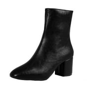 Jsaierl Womens GoGo Ankle Boots Chunky Block Heel Booties Mid Calf Low Heeled Short Booties Fashion Short Boots Side Zipper Boots