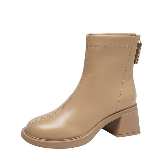 Jsaierl Women's GoGo Ankle Boots Chunky Block Heel Booties Mid Calf Low Heeled Short Booties Fashion Short Boots Side Zipper Boots