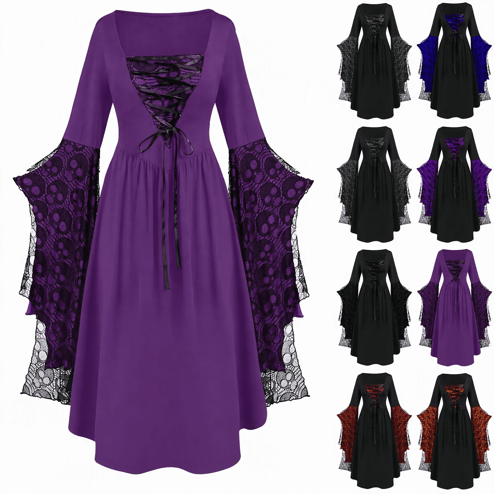 Jsaierl Women's Gothic Lace Bell Sleeve Maxi Dress Renaissance Medieval ...