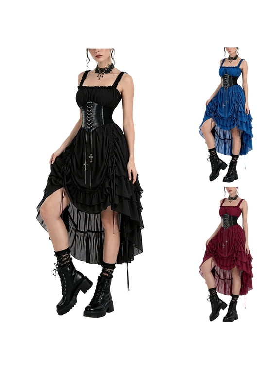 Women's Gothic Steampunk Corset Dress Square Neck High Low Ruffle Layered Halloween Cosplay Costume