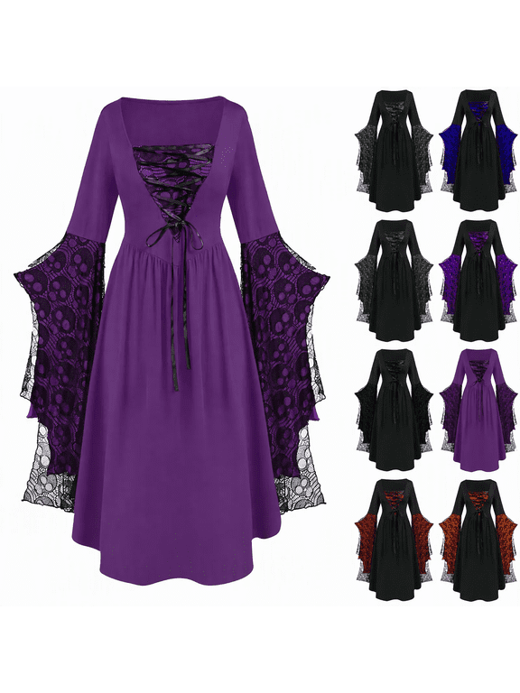 Women's Gothic Lace Bell Sleeve Maxi Dress Renaissance Medieval Lace-Up Halloween Costume for Witch Vampire Cosplay Party
