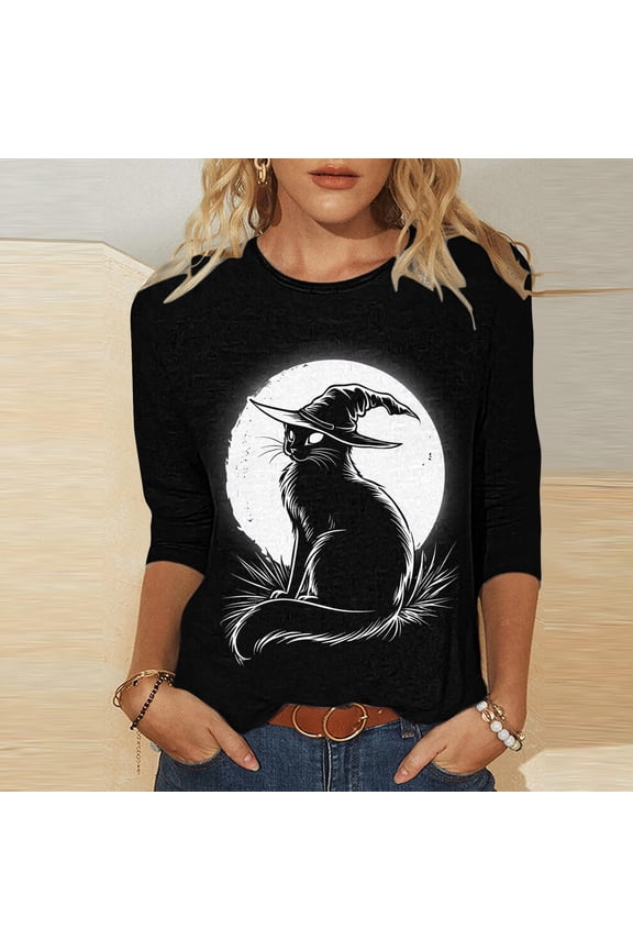 Women's Halloween Shirts Funny Witch Graphic Tees Soft Classic Round Neck T-Shirts 3/4 Sleeve Dressy Casual Blouse Tops Halloween Costumes,Sizes S-5XL