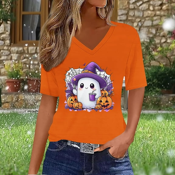 Jsaierl Women's Halloween Shirts Plus Size Pumpkin Ghost Graphic Tees Classic V-Neck T-shirt Short Sleeve Dressy Casual Blouse Tops Halloween Clothes