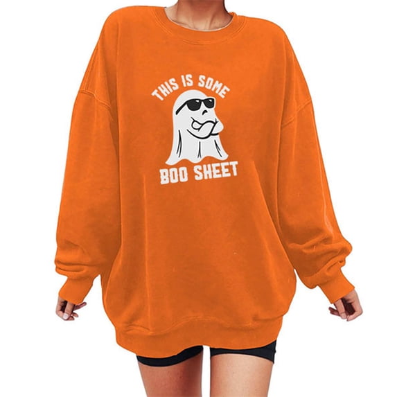 Jsaierl Women's Halloween Sweatshirts Funny Ghost Graphic Oversized Sweatshirts Crew Neck Loose Fit Pullover Tops Long Sleeve Fall Sweat Shirt Halloween Shirts