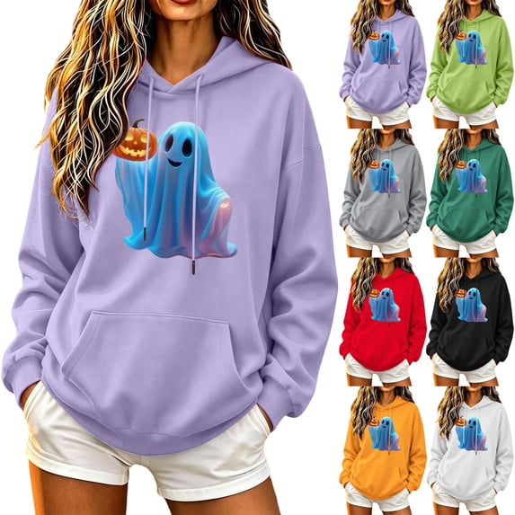 Jsaierl Women's Halloween Sweatshirts Plus Size Ghost Graphic Pullover Hoodies Stretch Work Long Sleeve Sweater Tops Halloween Clothes, Sizes S-2XL