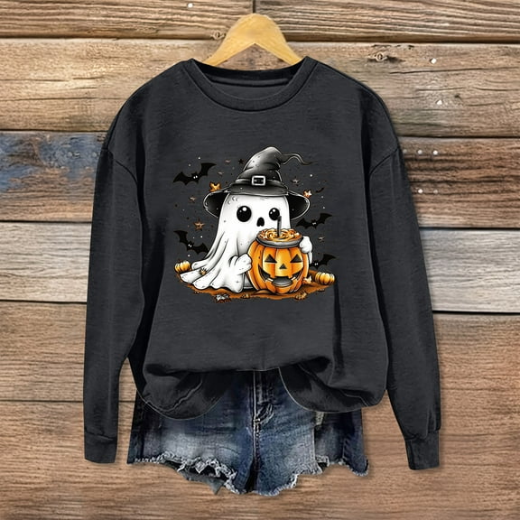 Jsaierl Women's Halloween Sweatshirts Plus Size Pumpkin Ghost Graphic Sweatshirt Classic Crewneck T-shirt Long Sleeve Tunic Pullover Tops Halloween Party Supplies
