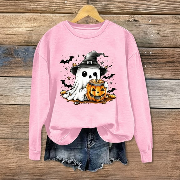 Jsaierl Women's Halloween Sweatshirts Plus Size Pumpkin Ghost Graphic Sweatshirt Classic Crewneck T-shirt Long Sleeve Tunic Pullover Tops Halloween Party Supplies