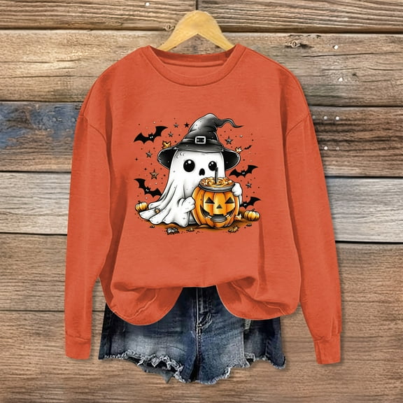 Jsaierl Women's Halloween Sweatshirts Plus Size Pumpkin Ghost Graphic Sweatshirt Classic Crewneck T-shirt Long Sleeve Tunic Pullover Tops Halloween Party Supplies