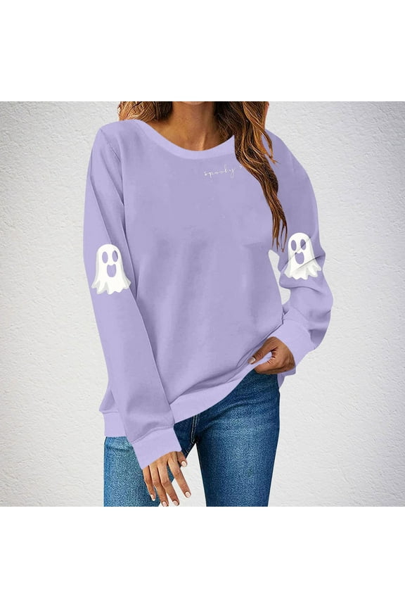 Women's Halloween Sweatshirts Plus Size Pumpkin Ghost Graphic Sweatshirt Loose Fit Crewneck T-shirt Long Sleeve Holiday Pullover Tops Halloween Clothes