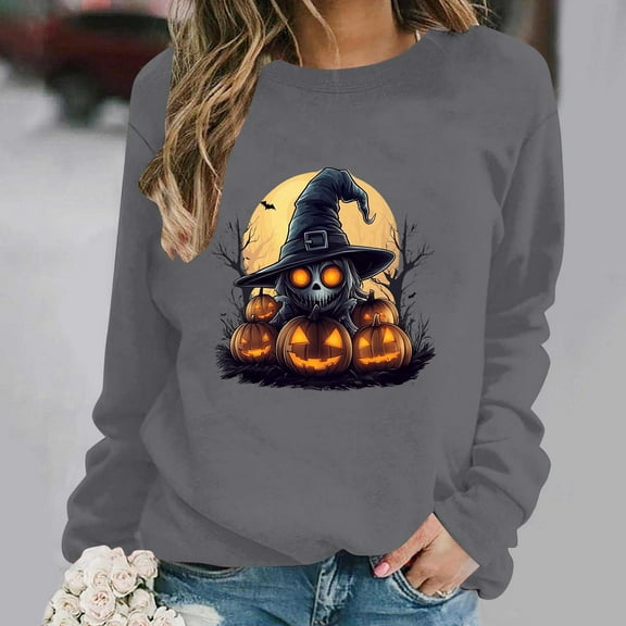 Jsaierl Women's Halloween Sweatshirts Plus Size Pumpkin Ghost Graphic Sweatshirt Work Crewneck T-shirt Long Sleeve Dressy Casual Pullover Tops Halloween Clothes