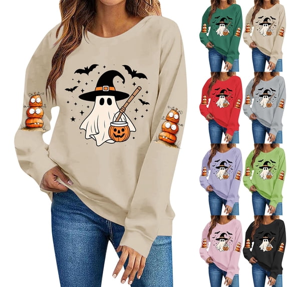 Jsaierl Women's Halloween Sweatshirts Spooky Ghost Graphic Pullovers Fall Holiday Round Neck Long Sleeve Sweater Tops Halloween Costumes, Sizes S-2XL