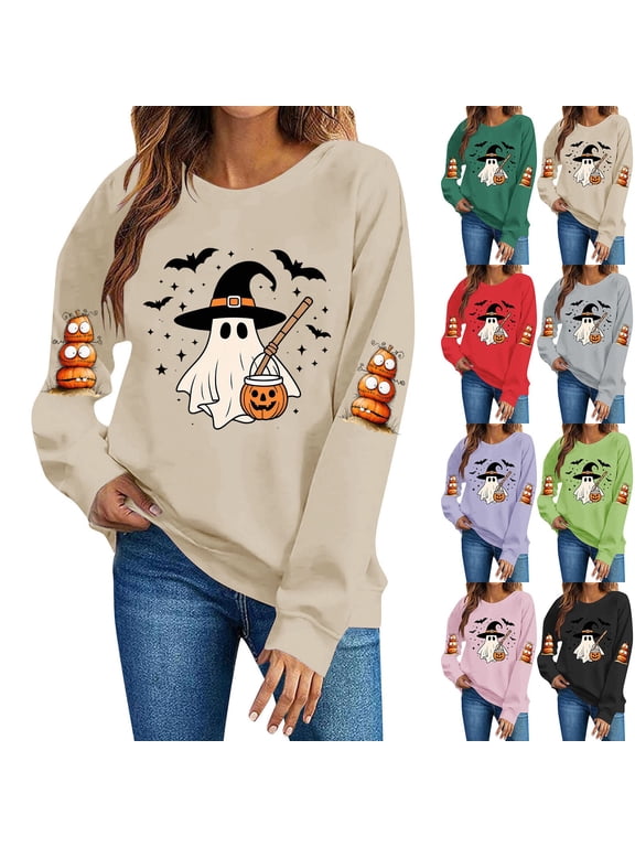 Women's Halloween Sweatshirts Spooky Ghost Graphic Pullovers Fall Holiday Round Neck Long Sleeve Sweater Tops Halloween Costumes, Sizes S-2XL