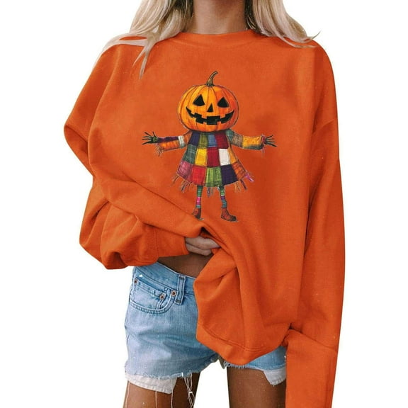 Jsaierl Women's Halloween Sweatshirts Spooky Pumpkin Ghost Print Sweatshirt Classic Crewneck T-shirt Long Sleeve Dressy Casual Pullover Tops Halloween Costumes