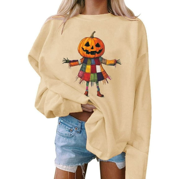 Jsaierl Women's Halloween Sweatshirts Spooky Pumpkin Ghost Print Sweatshirt Classic Crewneck T-shirt Long Sleeve Dressy Casual Pullover Tops Halloween Costumes