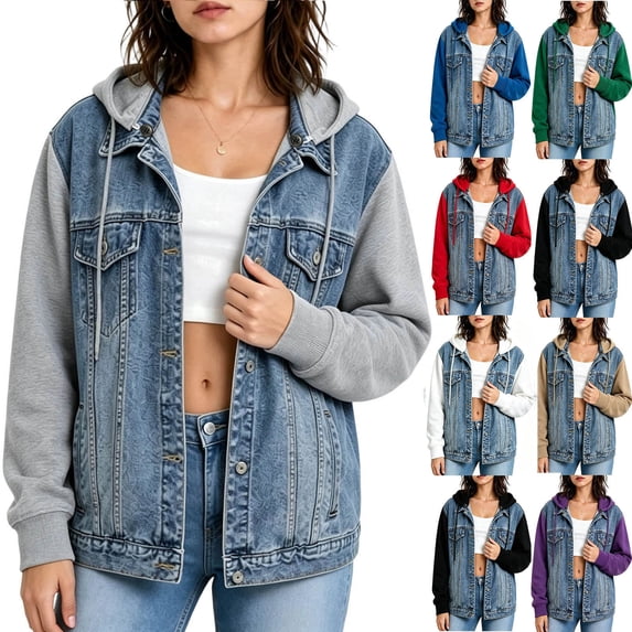 Jsaierl Women's Hooded Button Down Denim Jackets Pacthwork Sweatshirts Fashion Oversized Trendy Travel Outerwear S-2XL