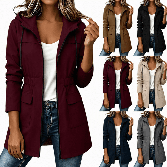 Jsaierl Women's Hooded Utility Anorak Jacket Drawstring Waist with Flap Pockets Lightweight Spring Fall Casual Travel Coat