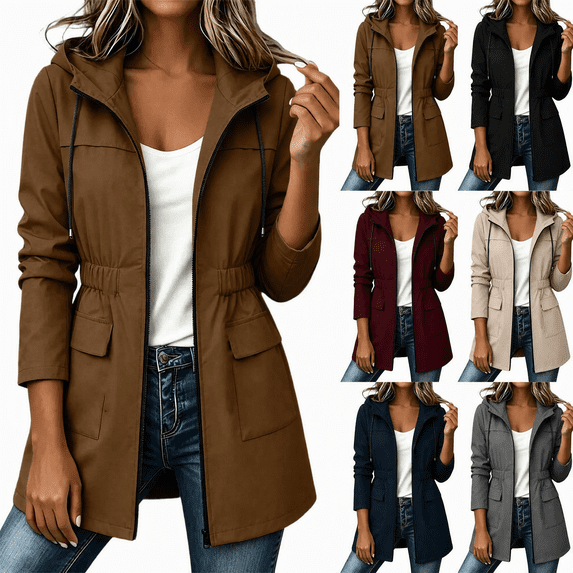 Jsaierl Women's Hooded Utility Anorak Jacket Drawstring Waist with Flap Pockets Lightweight Spring Fall Casual Travel Coat