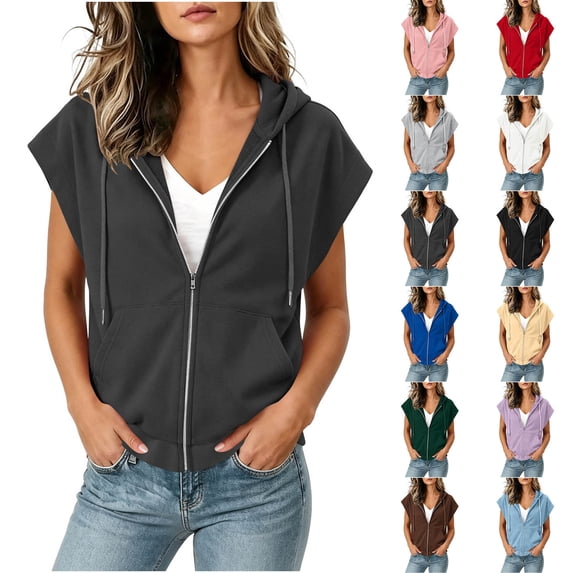 Jsaierl Women's Hoodies Basic Solid Color Hooded Sweatshirt Athletic Working Out Cap Sleeve Jackets Early Fall Fashion S-3XL
