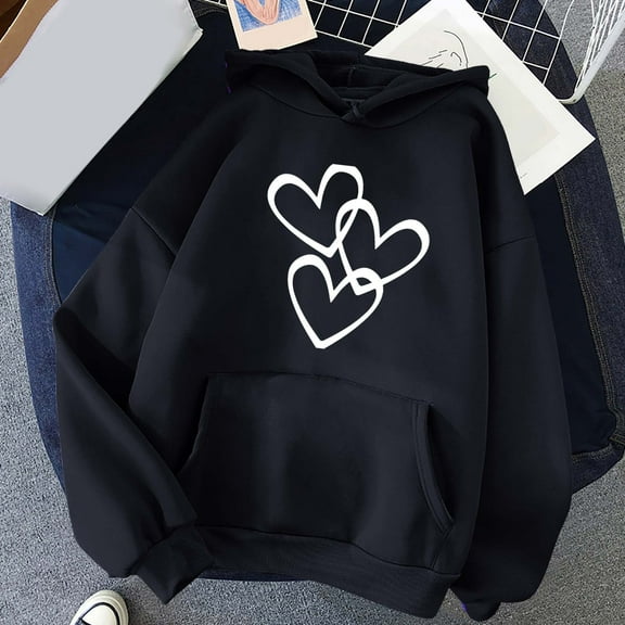 Jsaierl Women's Hoodies Cute Heart Graphic Hooded Sweatshirts Lightweight Sweaters Comfort Long Sleeve Top Hoodie