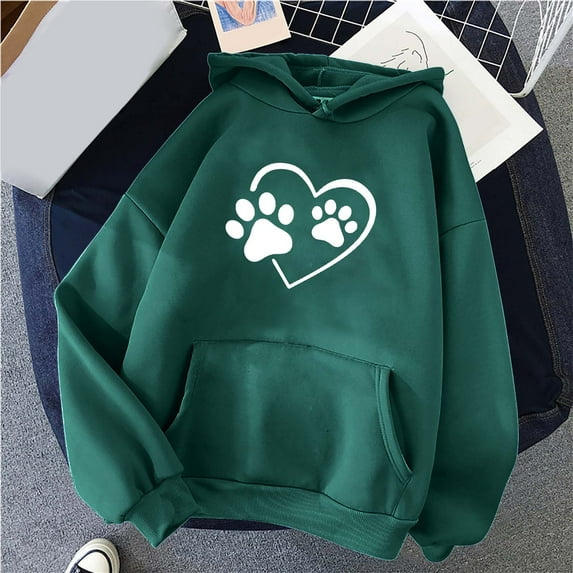 Jsaierl Women's Hoodies Oversized Heart Paw Graphic Hoodies Sweatshirts Holiday Pullover Workout Long Sleeve Top Hoodie