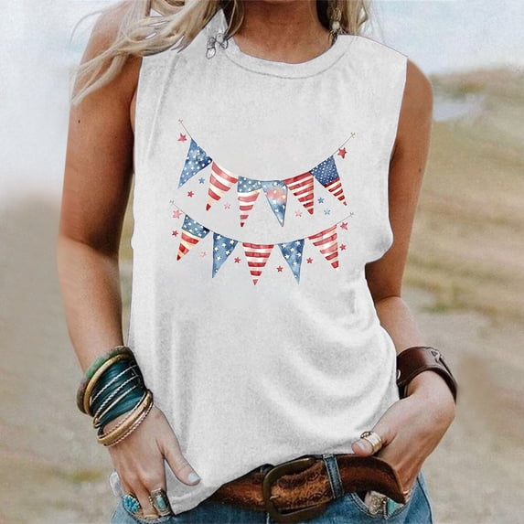 Jsaierl Women's Independence Day Tank Tops Casual Patriotic USA Flag Graphic Tees Cute Sleeveless T Shirts Cami Classic Round Neck Tanks S-XXL