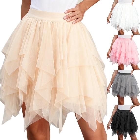 Jsaierl Women's Irregular Hem Tulle Mini Skirt, Elastic Waist Tiered Ruffle Skirt, Balletcore Style Skirt for Party