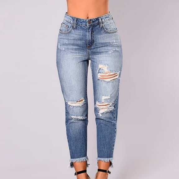 Jsaierl Women's Jeans High Waist Distressed Denim Pants Petite Summer Athletic Pull On Denim Trousers Dressy Jeans with Pockets