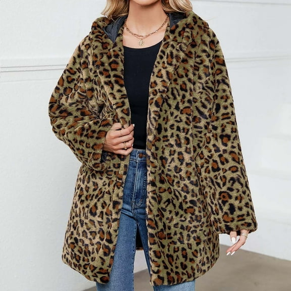 Jsaierl Women's Leopard Faux Fur Coat Fuzzy Warm Winter Oversized Outwear Long Cardigan Jacket with Hood Overcoat