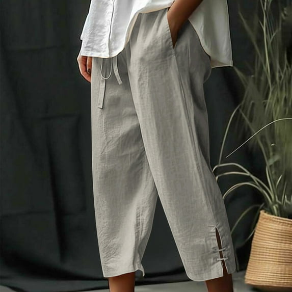 Jsaierl Women's Linen Pants for Summer Drawstring Trendy Lightweight Side Slit Casual Wide Leg Linen Cropped Pants Capris with Pockets