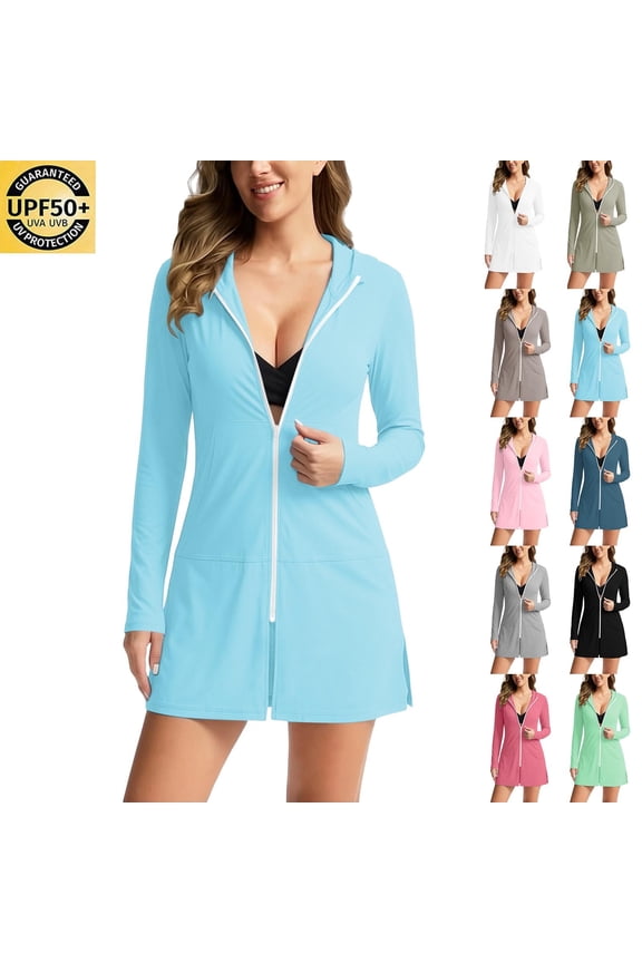 Women's Long Hooded Sun Shirt UPF 50+ Zip Up UV Protection Cover Up Dress Lightweight Summer Vacation Outerwear