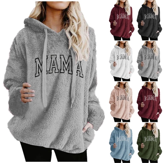Jsaierl Women's Mama Fuzzy Hoodies Plus Size Solid Color Hooded Sweatshirt Travel Sweater Soft Long Sleeve Tops Winter Fashion S-3XL