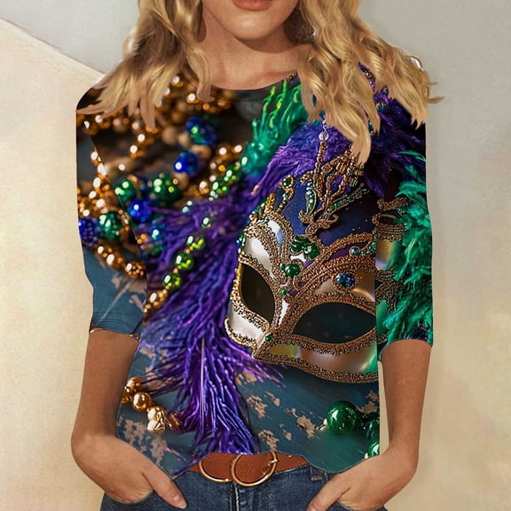 Jsaierl Women's Mardi Gras Shirts Cute Carnival Themed Mask Graphic Tees Oversized 3/4 Sleeve T Shirts Blouses Holiday Crewneck Gifts Tops