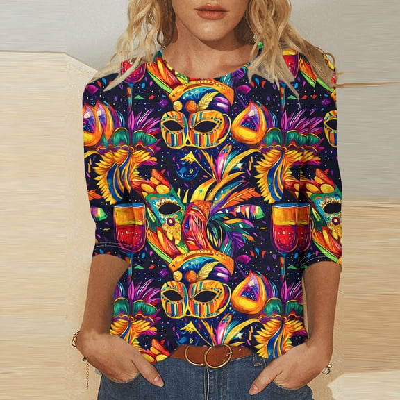 Jsaierl Women's Mardi Gras Shirts Cute Carnival Themed Mask Graphic Tees Soft 3/4 Sleeve T Shirts Blouses Holiday Round Neck Parade Tops