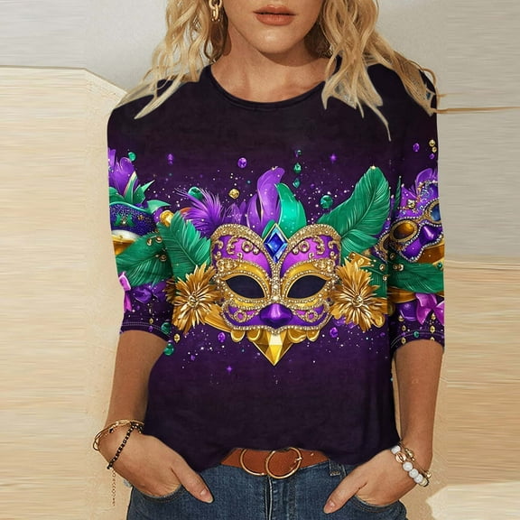 Jsaierl Women's Mardi Gras Shirts Cute Carnival Themed Mask Print Tees Oversized 3/4 Sleeve T Shirts Blouses Going Out Crewneck Parade Tops